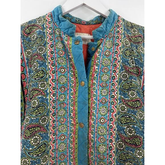 Vintage Loungees House Coat Womens Small Blue Floral Paisley Snap Button Quilted - Picture 2 of 15